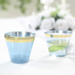 25-Pack Plastic Party Cups 9oz Dusty Blue Crystal with Gold Rim - Short Disposable Drink Tumblers