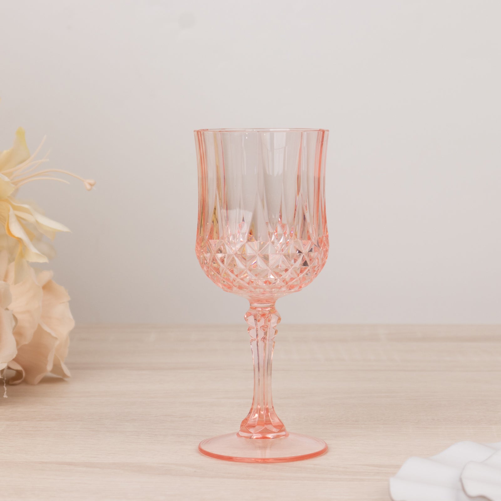 6-Pack Plastic Crystal Cut Wine Glasses 8oz, Transparent Blush - Shatterproof Cocktail Goblets