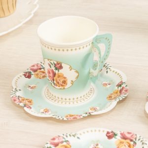 Set of 25 Paper Cups and Saucers in Turquoise with Rose Floral Print - Disposable Tea Party Decorations for Vintage & Floral Themed Events